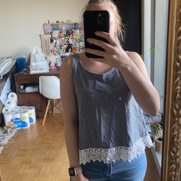 Striped Tank with Lace Detailing - Picture 2 of 6